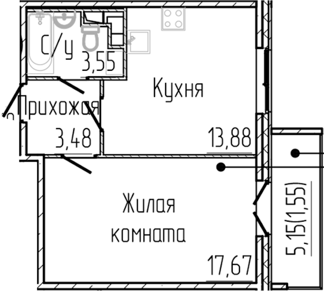 1-комнатная квартира 40.13 м², 3/4 эт., ЖК «SERTOLOVO PARK»